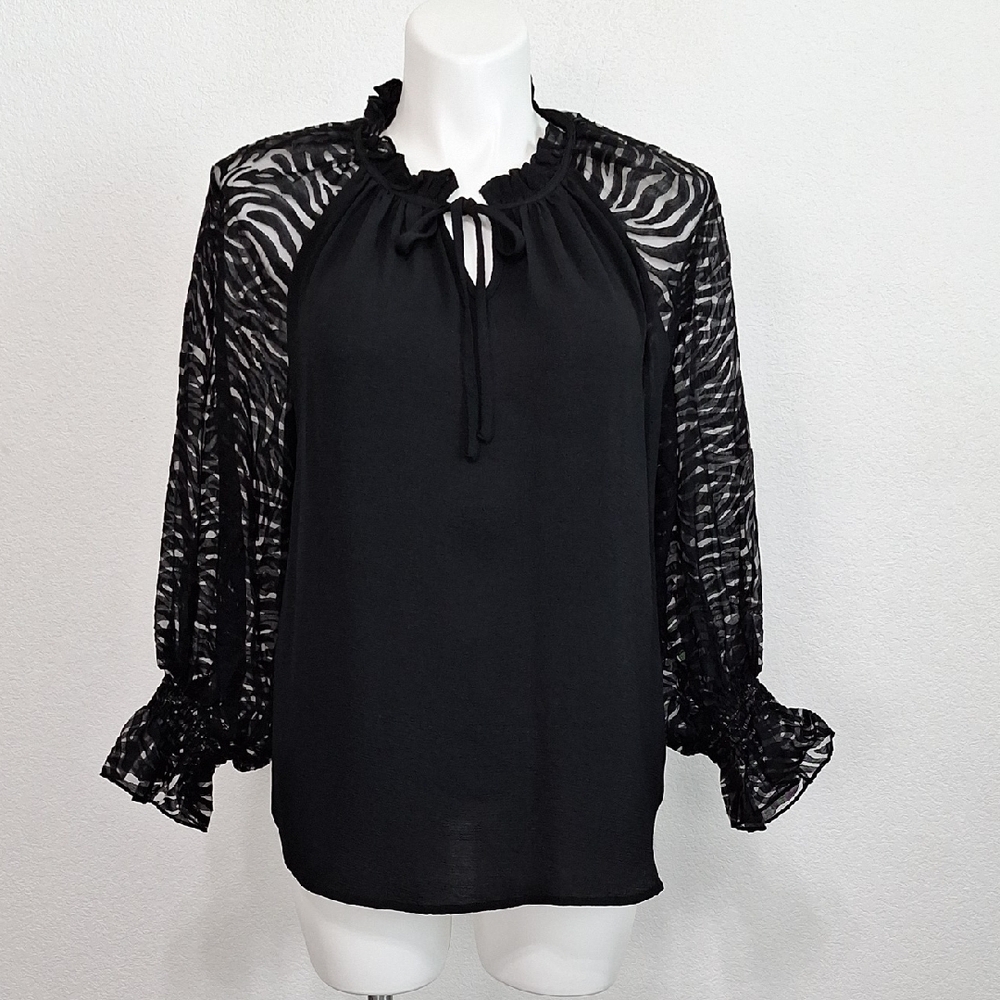 GiGiO USA Black Romantic Whimsigoth Sheer Zebra Balloon Sleeve Blouse Size M